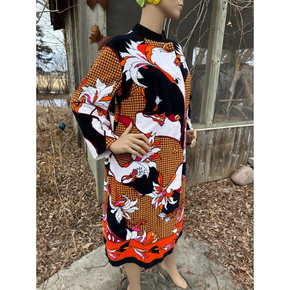 70s MÖVE (Moeve) Terrycloth Robe Coat Mandarin Collar Vibrant Mix Print Cotton - Picture 3 of 13